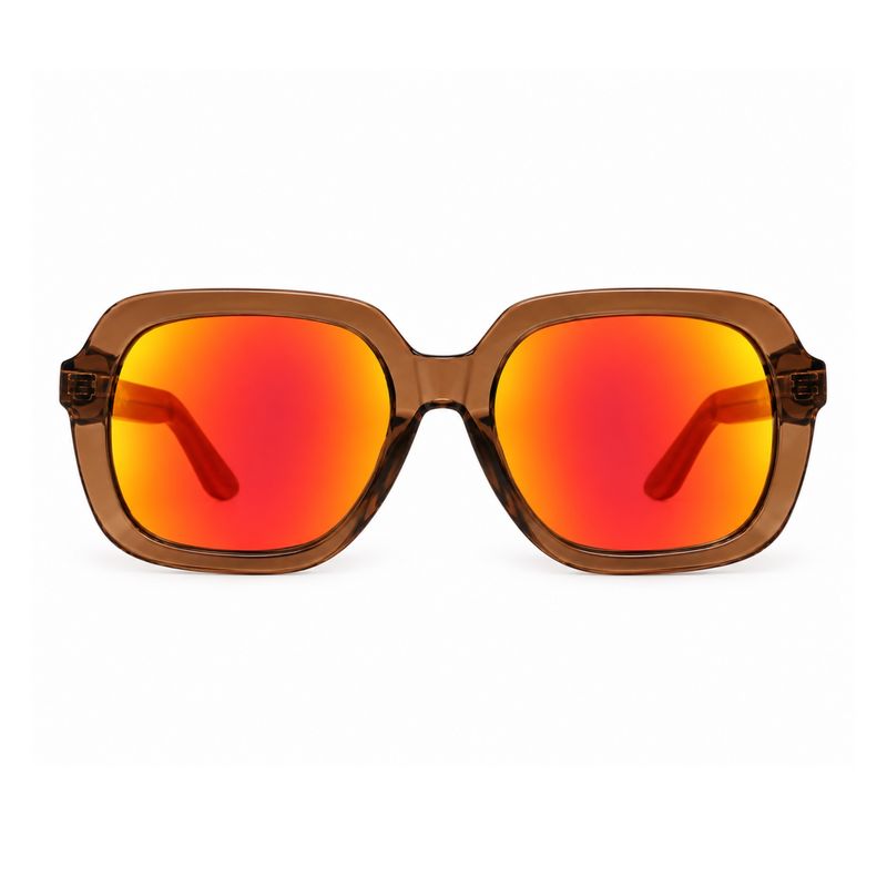 Front view of Wild Honey polarized sunglasses with orange-red mirrored lenses and translucent brown acetate frame
