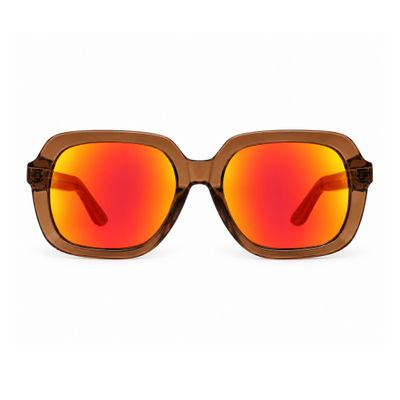 Front view of Wild Honey polarized sunglasses with orange-red mirrored lenses and translucent brown acetate frame