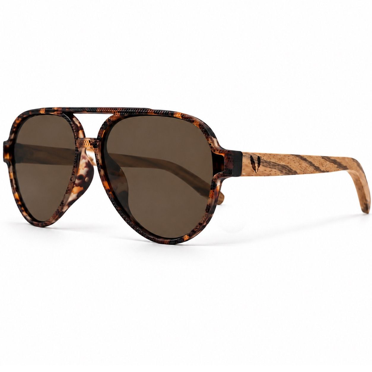 Cobra polarized aviator sunglasses with sepia lenses, recycled rubber frame and African zebrawood temples