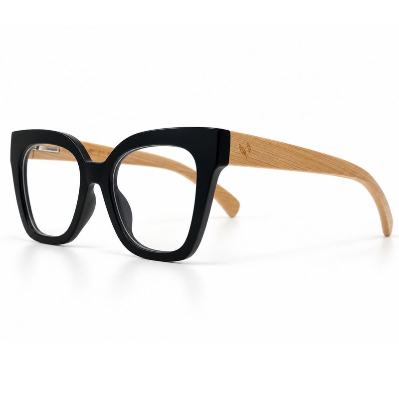 Velvet Envy prescription glasses with bold black upswept frame and handcrafted natural bamboo temples