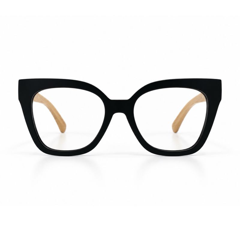 Front view of Velvet Envy prescription glasses with oversized black upswept frame and clear lenses