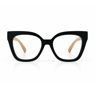 Front view of Velvet Envy prescription glasses with oversized black upswept frame and clear lenses