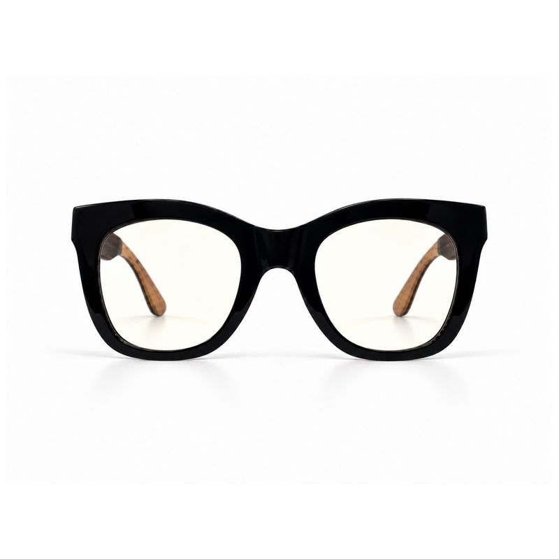 Front view of Vixen Chaos prescription glasses with oversized glossy black acetate frame and clear lenses