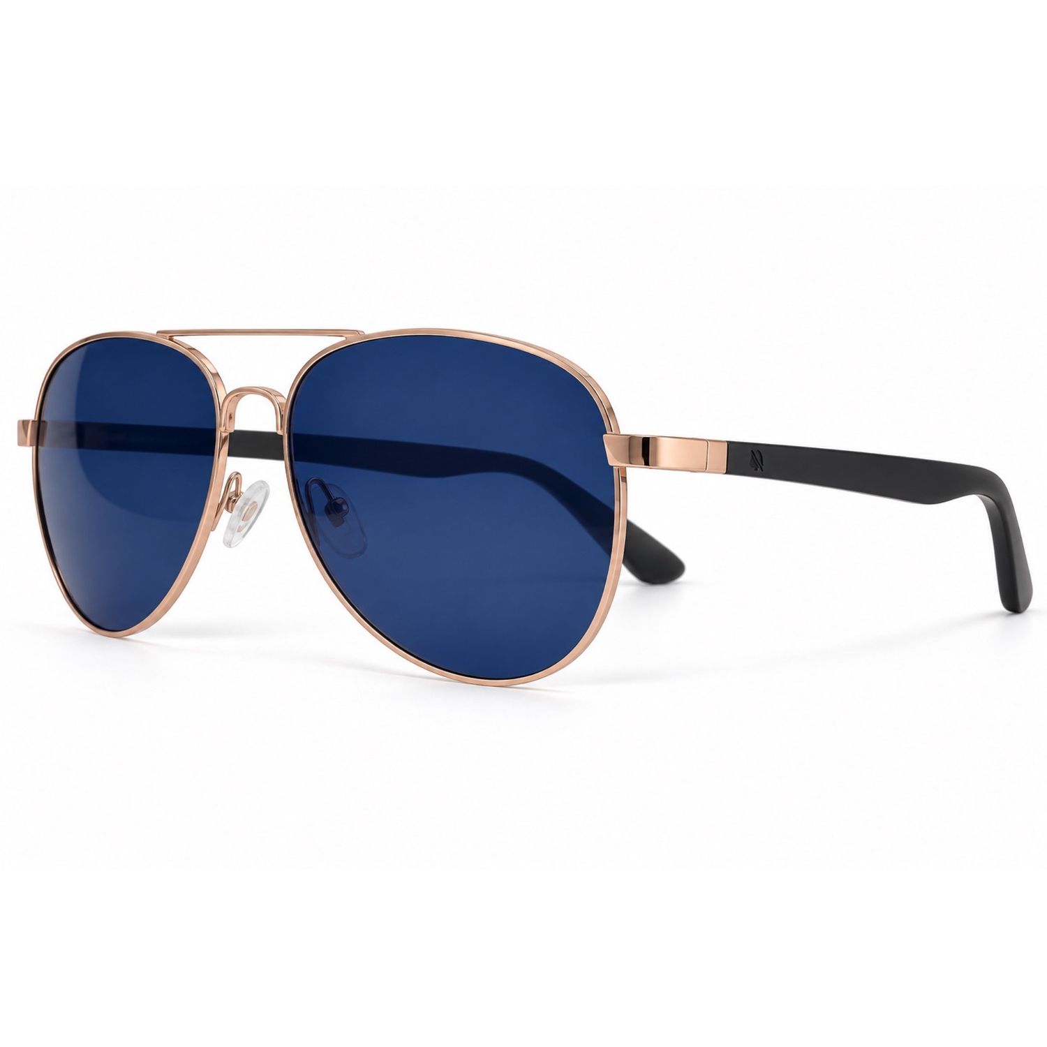Navy Clash polarized aviator sunglasses with deep navy lenses, rose-gold aluminum frame and ebony wood temples