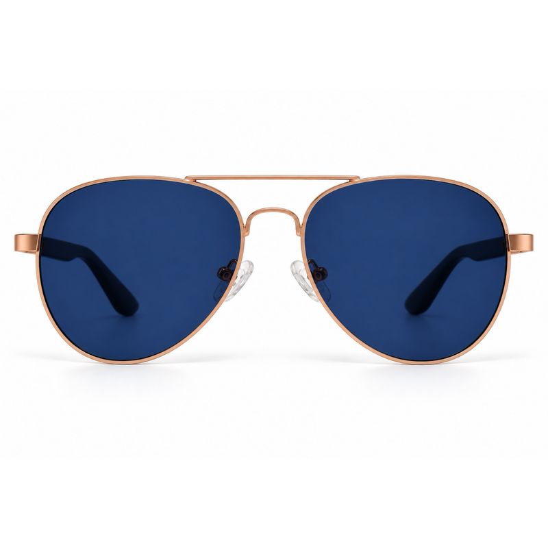 Navy Clash aviator sunglasses angled front view with deep navy polarized lenses and rose-gold metal frame