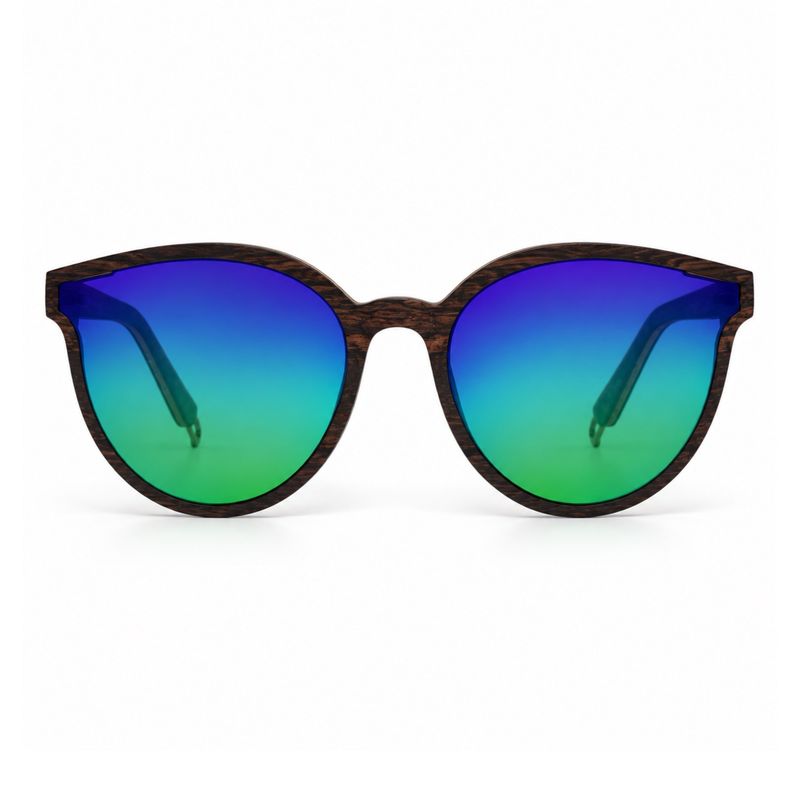 Front view of Violet Venom polarized sunglasses with blue-green gradient lenses and natural wood frame