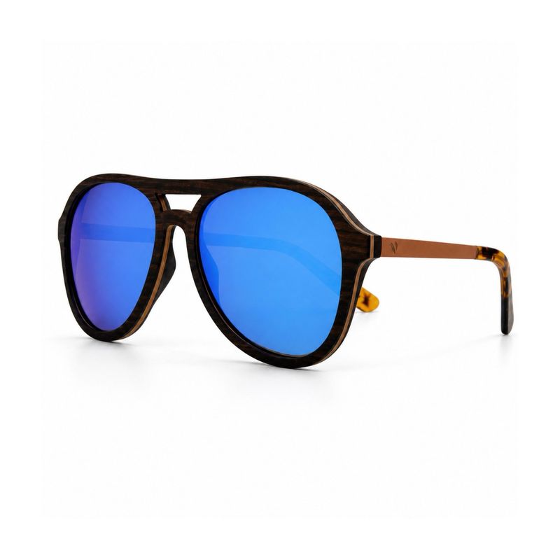 Tiger Chill polarized aviator sunglasses with ice-blue mirrored lenses and handcrafted ebony wood frame