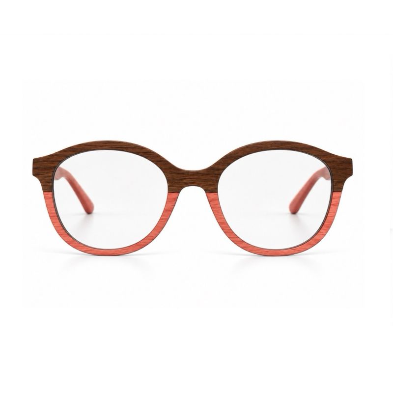 Front view of Urban Mermaid prescription glasses with pink maple and walnut wood frame and clear lenses