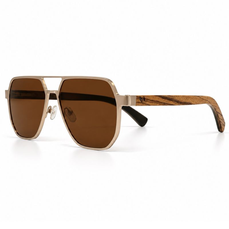 Golden Outlaw polarized wood sunglasses with brown lenses, champagne-gold frame and zebrawood temples
