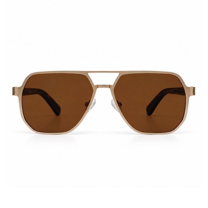 Front view of Golden Outlaw polarized sunglasses with brown lenses and champagne-gold navigator frame