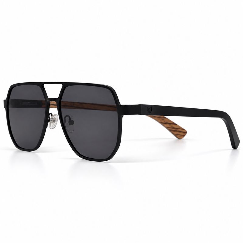 Black Falcon polarized navigator sunglasses with black metal frame and handcrafted wood temples