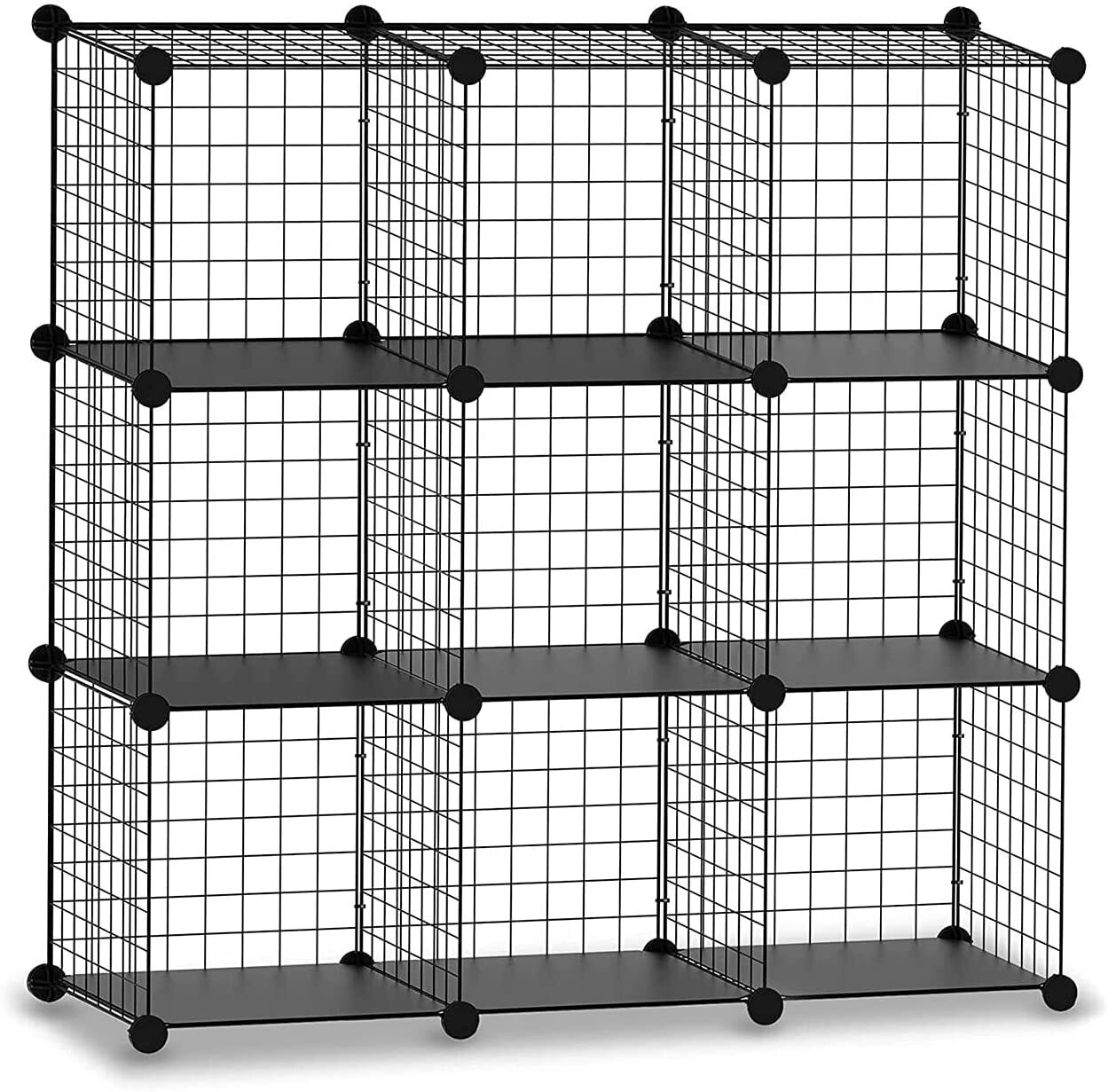 KNIGHT 9 Cube Interlocking Storage Rack with Metal Wire Mesh Shelves  Combination Display Stand Unit Cabinet Large Capacity Free Rubber Mallet 93  x 31 x 93 cm Black