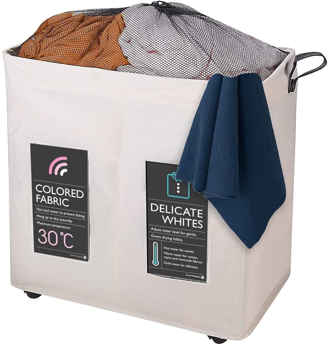 KNIGHT Light Weight Laundry Basket 120L Collapsible Laundry Bag with Wheels  Mesh Cover & Handles 2 Separate Sections | Folding Portable Washing |  Storage Bin Durable Fabric | Washing (Ivory)