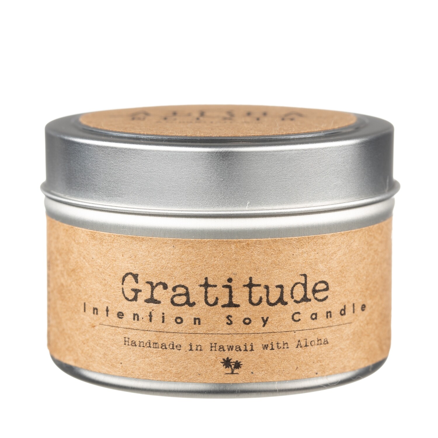 Holiday Gratitude Soy Intention Candle 4oz Travel Tin Clear Quartz and gold stone Crystal Aloha Elixir Made in Hawaii