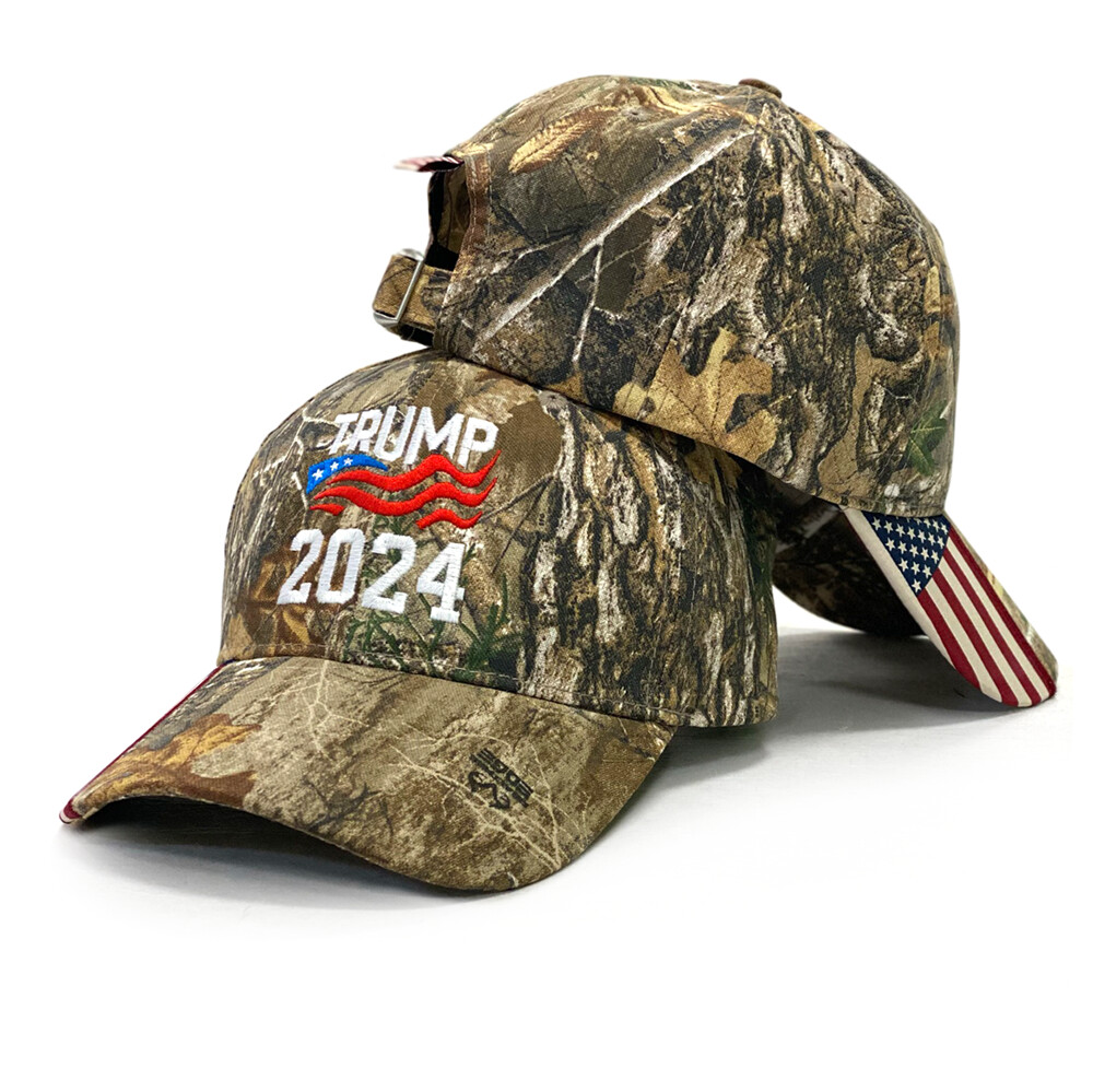 Trump 2024 Mossy Oak Camo Cap with USA Flag Visor