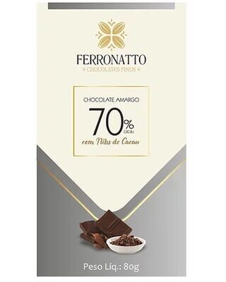 Barra Chocolate Amargo 70% com Nibs Cacau Ferronatto 80g