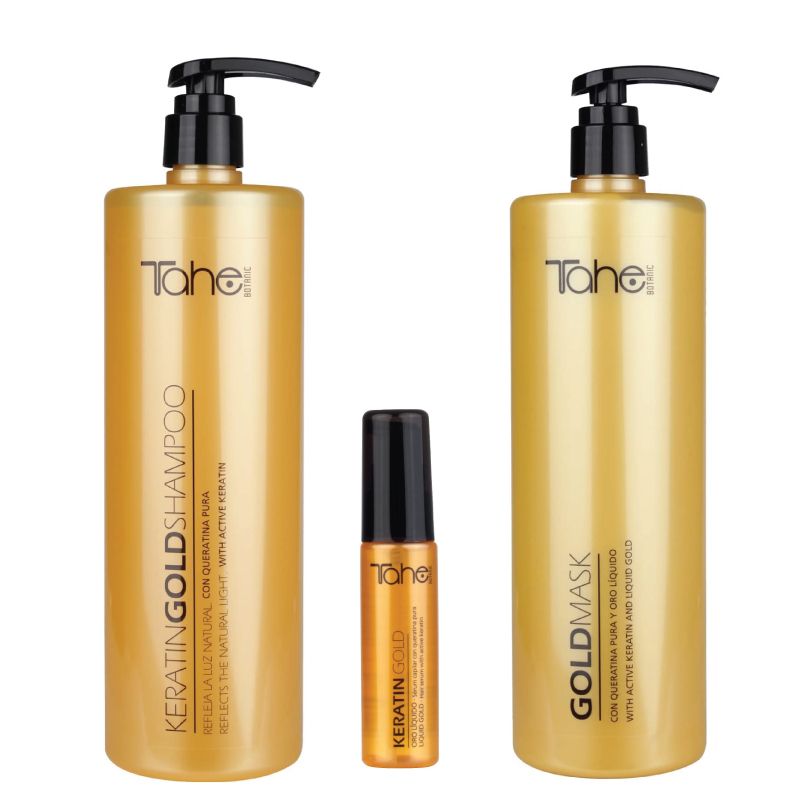 Tahe Keratin Gold Kit (Gold Shampoo 1000ml + Gold Mask 1000ml + Gold Serum 30ml)