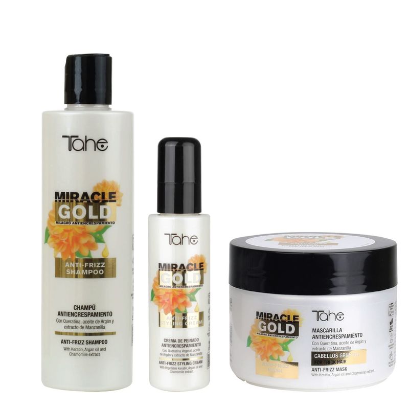 Tahe Miracle Gold Frizz Control Small Kit (Shampoo 300ml + Mask 300ml + Style Cream 100ml)(For Thick Hair)