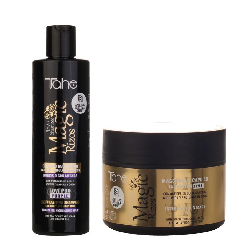 Tahe Magic Rizos Kit (Shampoo Violet Low Poo 300ml + Mask 3 in 1 300ml) For Curly Hair