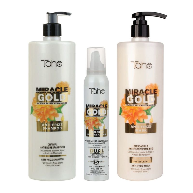 Tahe Miracle Gold Frizz Control Big Kit - Shampoo 1000ml, Mask 1000ml, Dual Styling Mousse 200ml, Vegan Formula, Anti-frizz & Taming Frizz Solutions Tahe Miracle Gold Frizz Control Big Kit - Shampoo 1000ml, Mask 1000ml, Dual Styling Mousse 200ml, Vegan Formula, Anti-frizz & Taming Frizz Solutions
