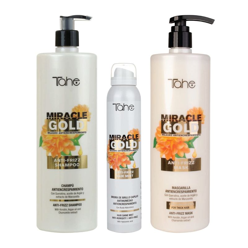 Tahe Miracle Gold Frizz Control Big Kit - Shampoo 1000ml, Mask 1000ml, Hair Shine Mist 200ml - Includes Hair Shine Mist for Ultimate Frizz Control Tahe Miracle Gold Frizz Control Big Kit - Shampoo 1000ml, Mask 1000ml, Hair Shine Mist 200ml - Includes Hair Shine Mist for Ultimate Frizz Control