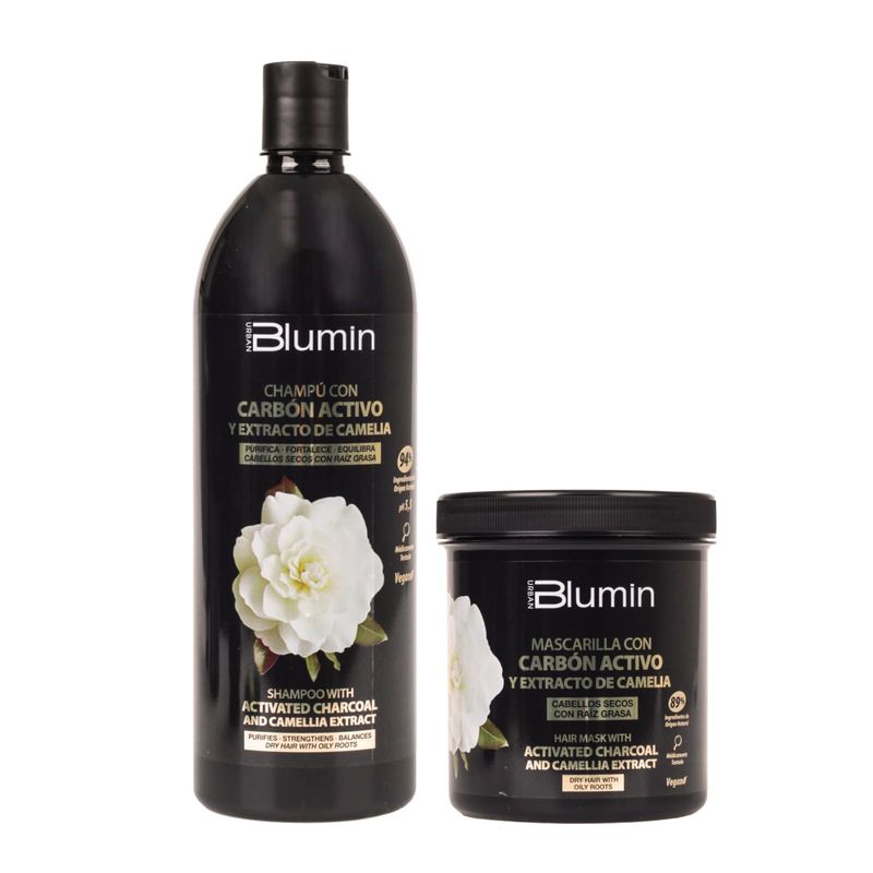 Blumin Activated Charcoal Kit - Shampoo 1000ml + Hair Mask 700ml With Camellia Extract