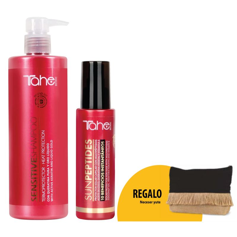 Tahe Botanic Solar Kit - Sensitive Shampoo Heat Protection 400ml +  Hair Sun Protector with Sun Peptides 100ml - Free Bag Gift