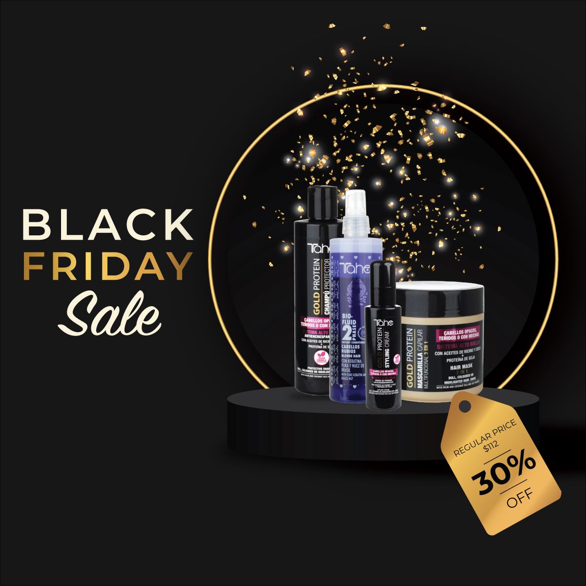 Tahe Gold Protein Small Kit for Colored Hair - Shampoo 300ml + Mask 400ml + Styling Cream 100ml + FREE 2 Phase Hair Conditioner For Blonde Hair 300ml (PROMO)