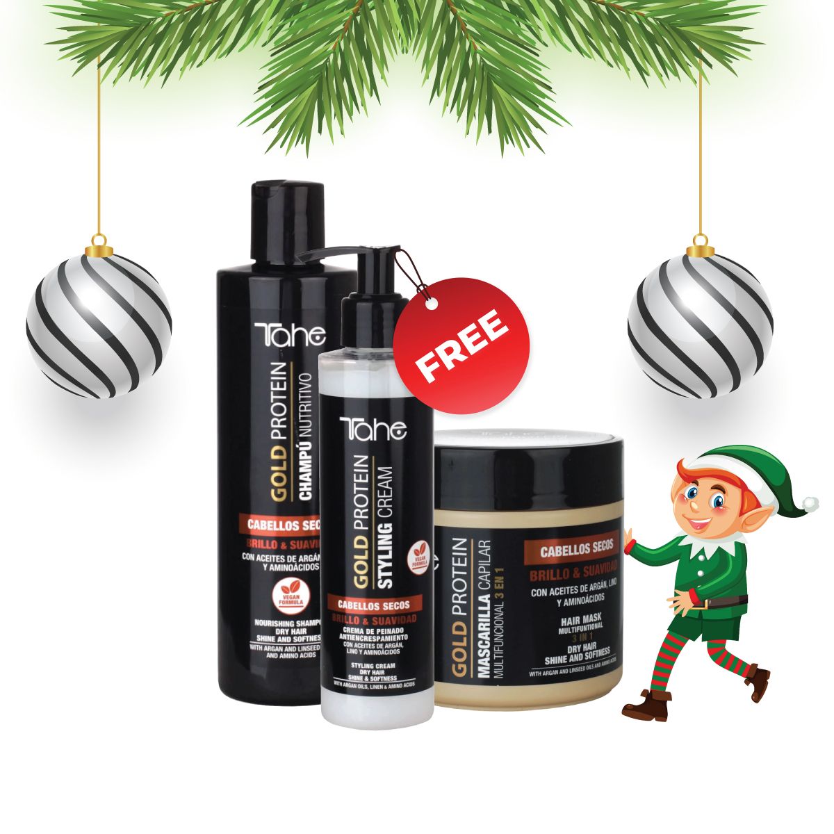 Tahe Gold Protein For Dry Hair Small Kit - Shampoo 300ml + Mask 400ml + FREE Styling Cream 200ml (PROMO)