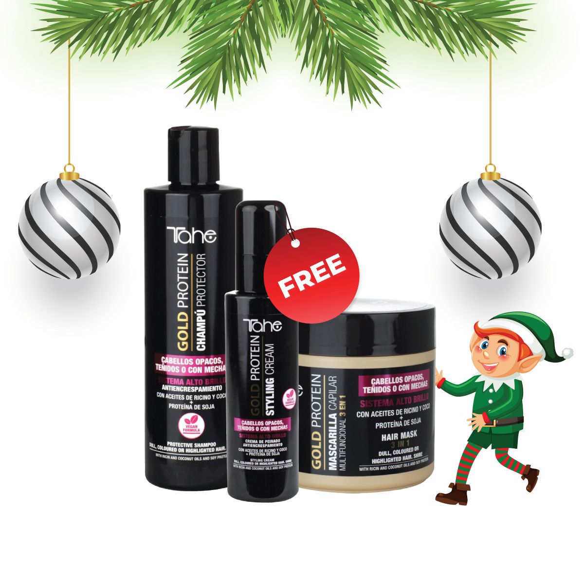 Tahe Gold Protein Small Kit for Colored Hair - Shampoo 300ml + Mask 400ml + FREE Styling Cream 100ml (PROMO)