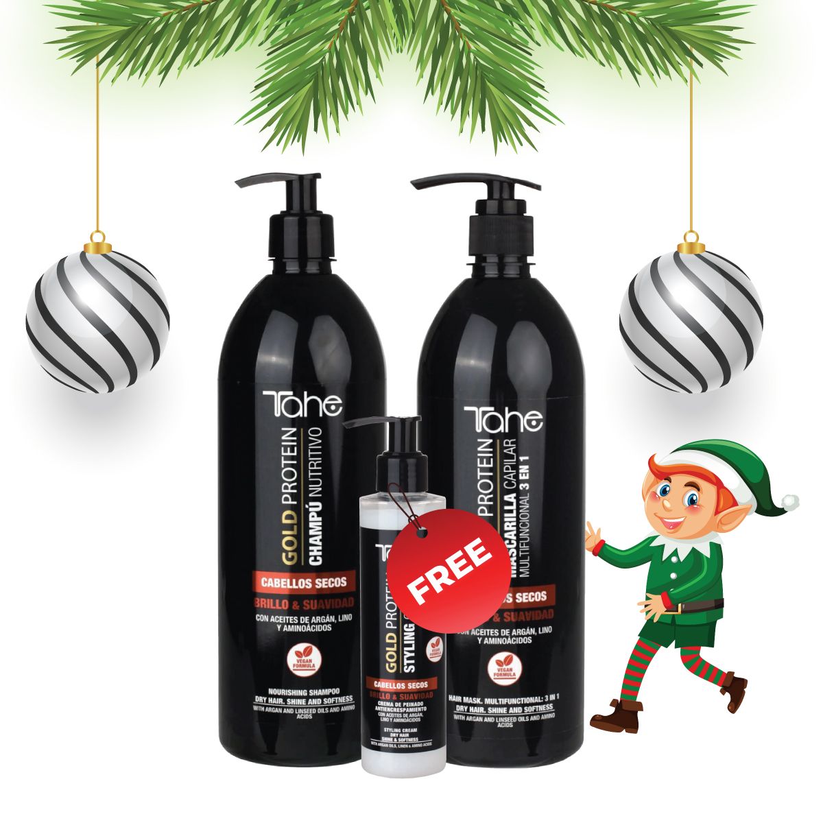 Tahe Gold Protein For Dry Hair Big Kit - Shampoo 1000ml + Mask 1000ml + FREE Styling Cream 200ml (PROMO)