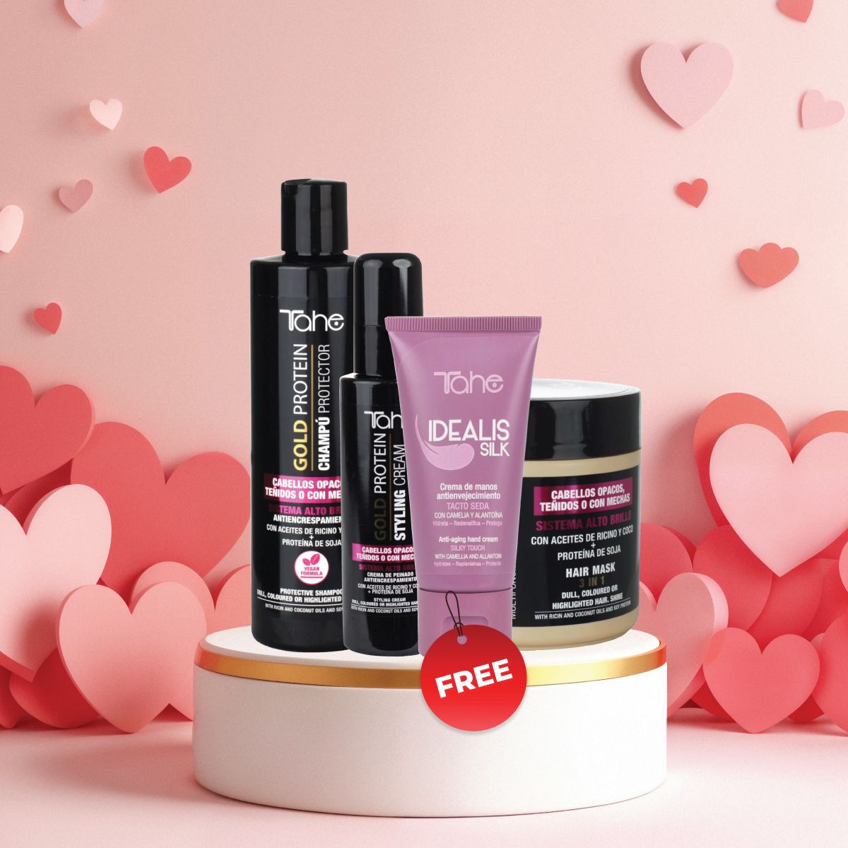 ahe Gold Protein For Colored Hair Small Kit - Shampoo 300ml, Mask 400ml, Styling Cream 100ml + FREE Anti-Aging Hand Cream 75ml (PROMO)