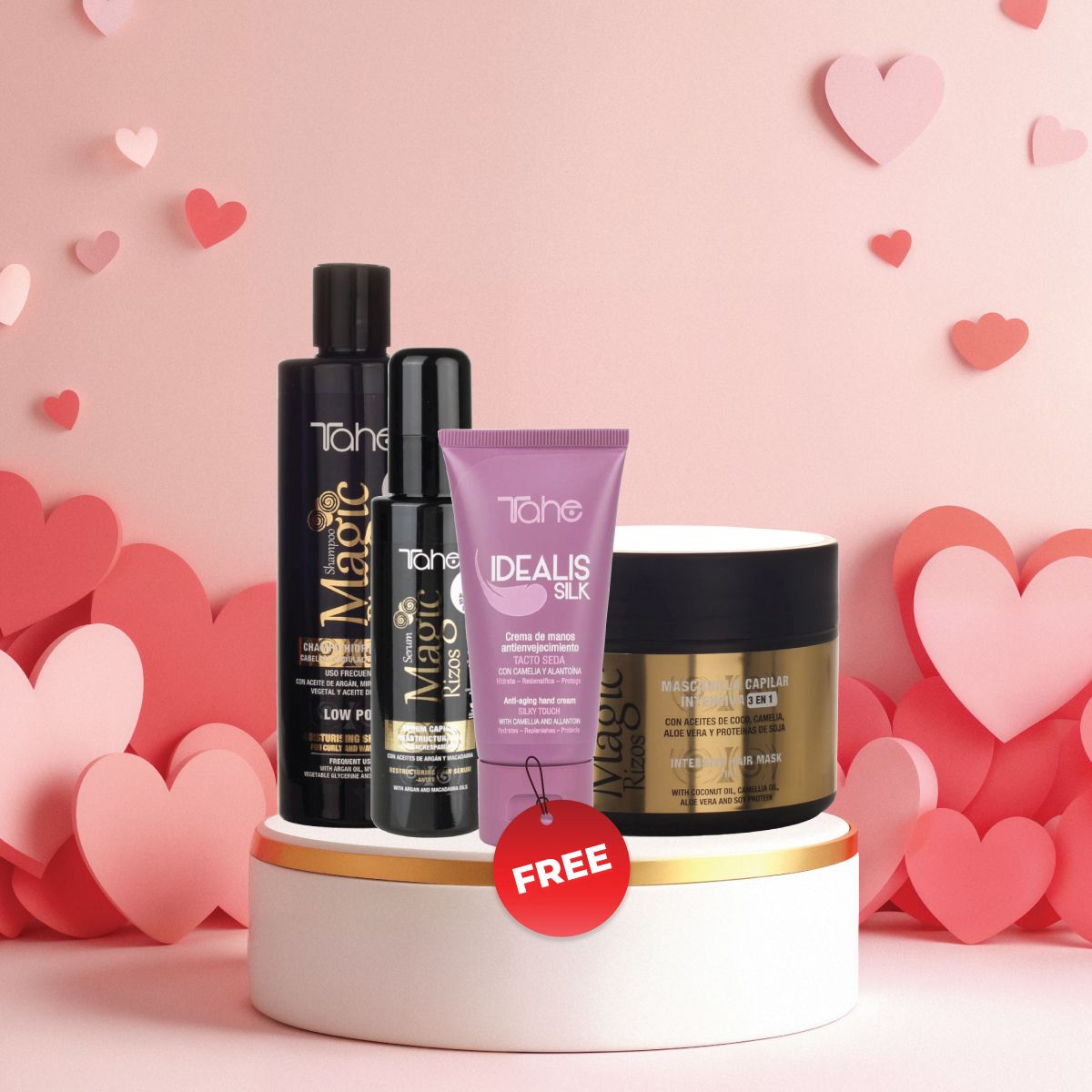 Tahe Magic Rizos Kit: Low Poo Shampoo 300ml + 3-in-1 intensive mask 300ml + Serum 100ml + FREE Anti-Aging Hand Cream 75ml (PROMO)