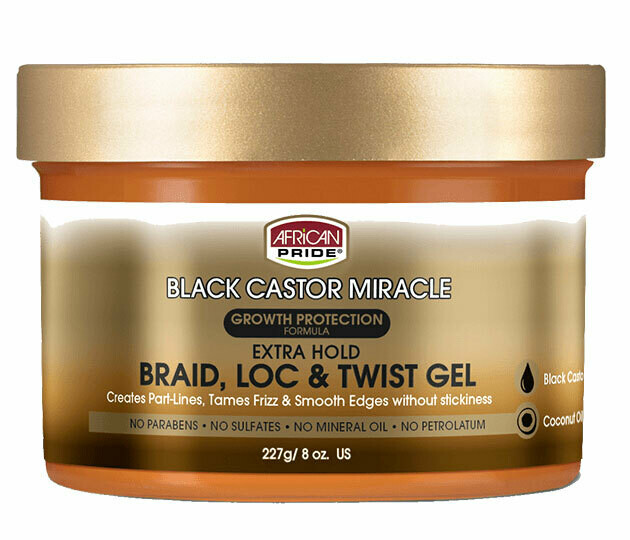 African Pride Black Castor Miracle Extra Hold Braid, Loc &amp; Twist Gel 227gr
