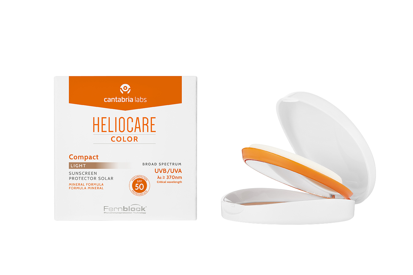 HELIOCARE Compacto SPF 50.  En 3 tonos. maquillaje fotoinmunoprotector que te aporta al instante un aspecto bronceado impecable y luminoso.