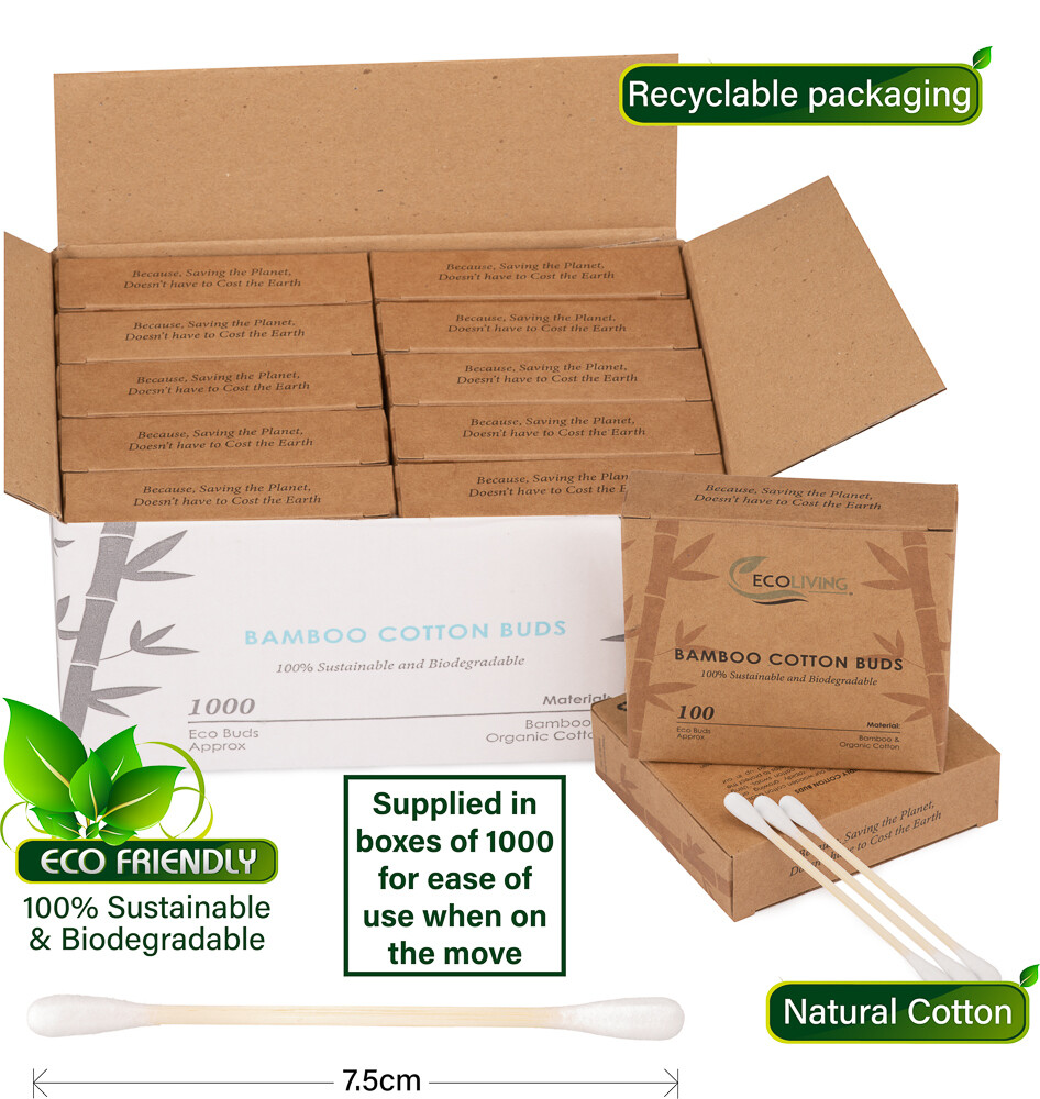 Eco-friendly Cotton Buds – Bamboo – Biodegradable – Environmentally Friendly - 10 Boxes of 100 Buds Per Pack