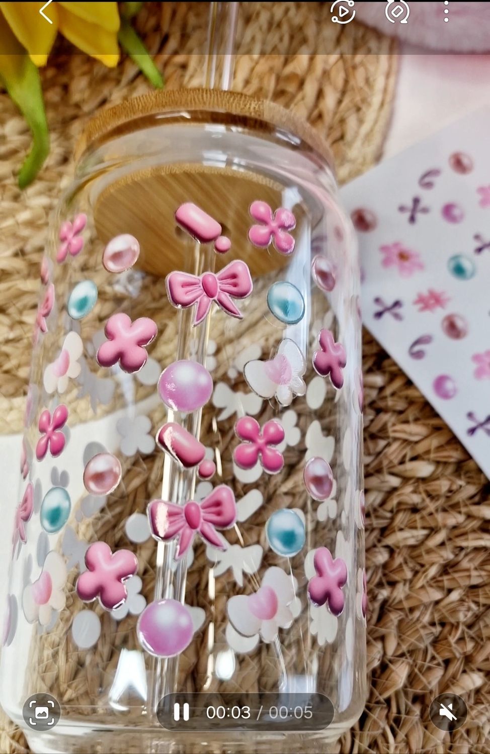 Bows and Pearl&#39;s Glass Can plus Bamboo Lid and Straw