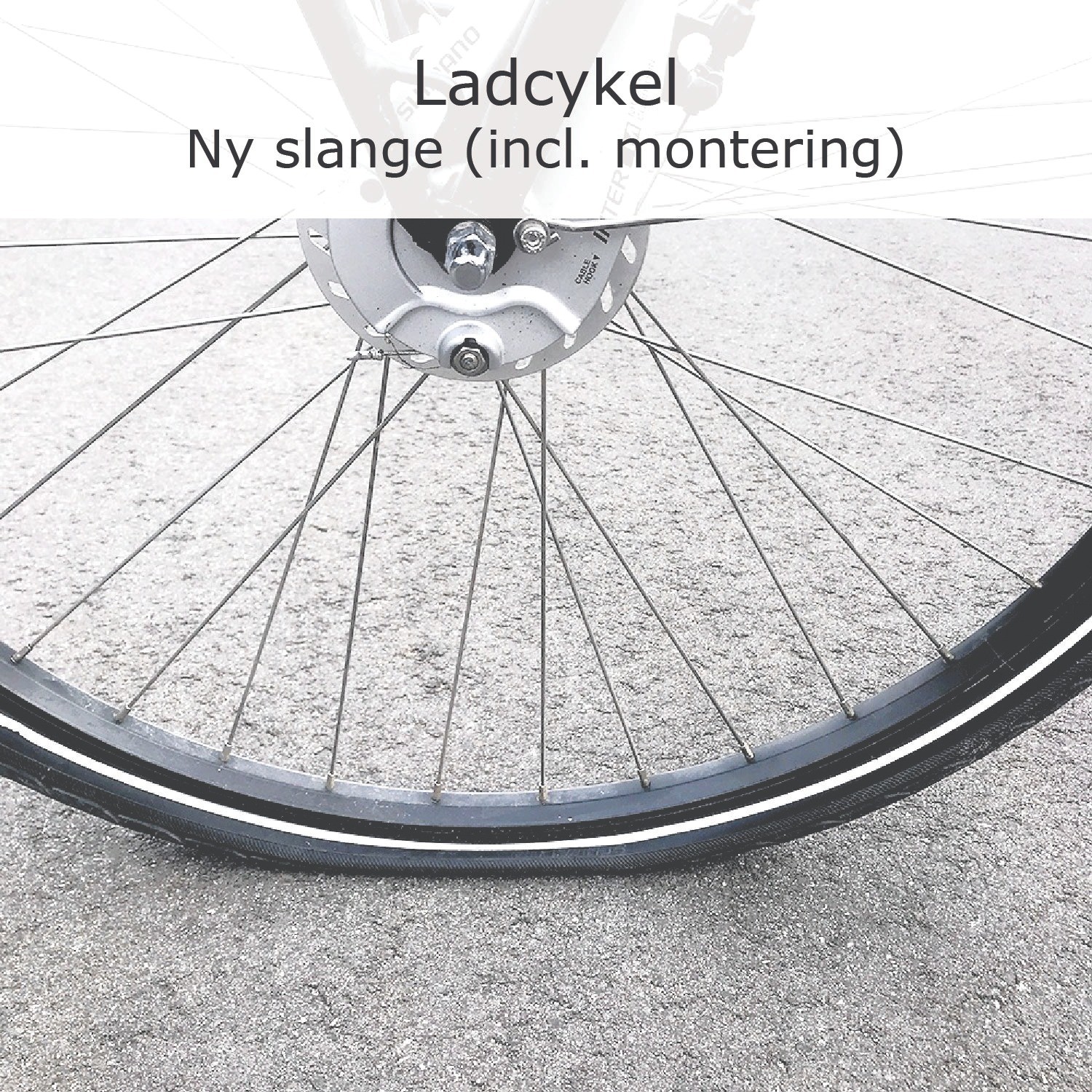 LADCYKEL forhjul Ny cykelslange incl. montering og kørsel (GÆLDER IKKE  CARGOKID MED BREDE DÆK)