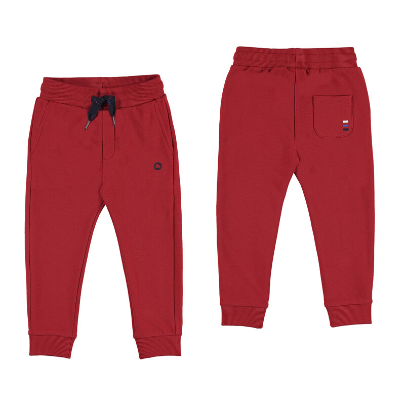 red stacked sweatpants