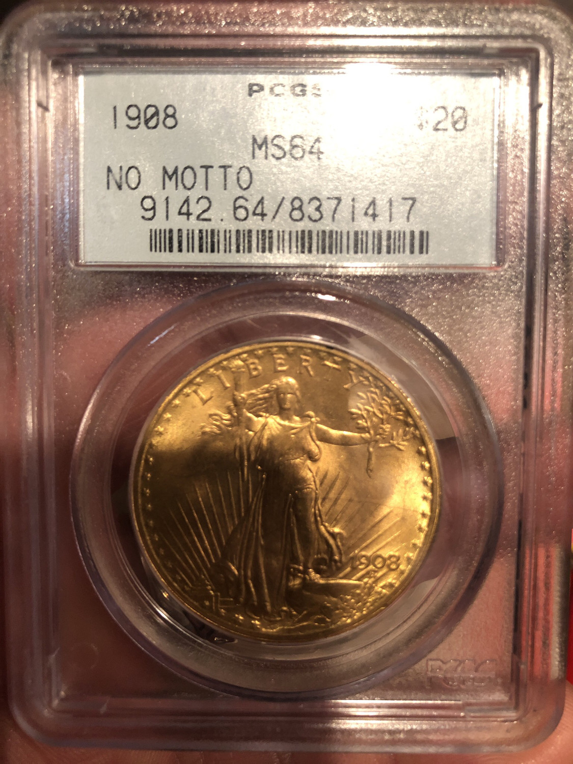 1908 $20 Saint-Gaudens Gold Double Eagle No Motto MS-64 PCG