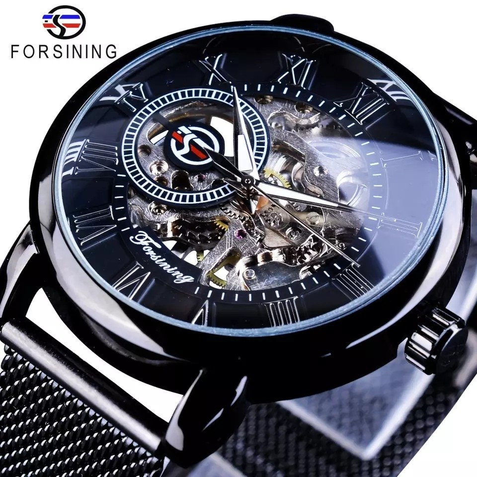 Forsining Retro Fashion Black Skeleton Sport Clock Mechanical Watch Luminous Hands Mesh Bracelet For Men Top Brand Luxury Watch