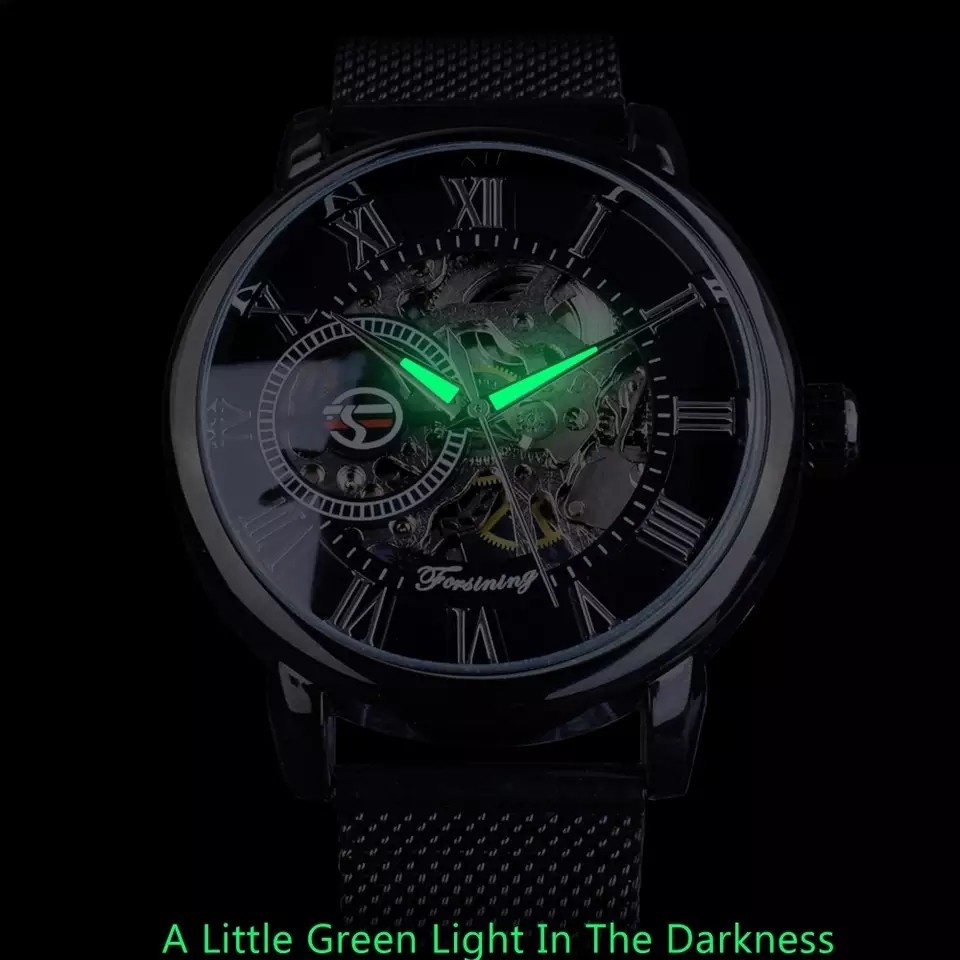 Forsining Retro Fashion Black Skeleton Sport Clock Mechanical Watch Luminous Hands Mesh Bracelet For Men Top Brand Luxury Watch