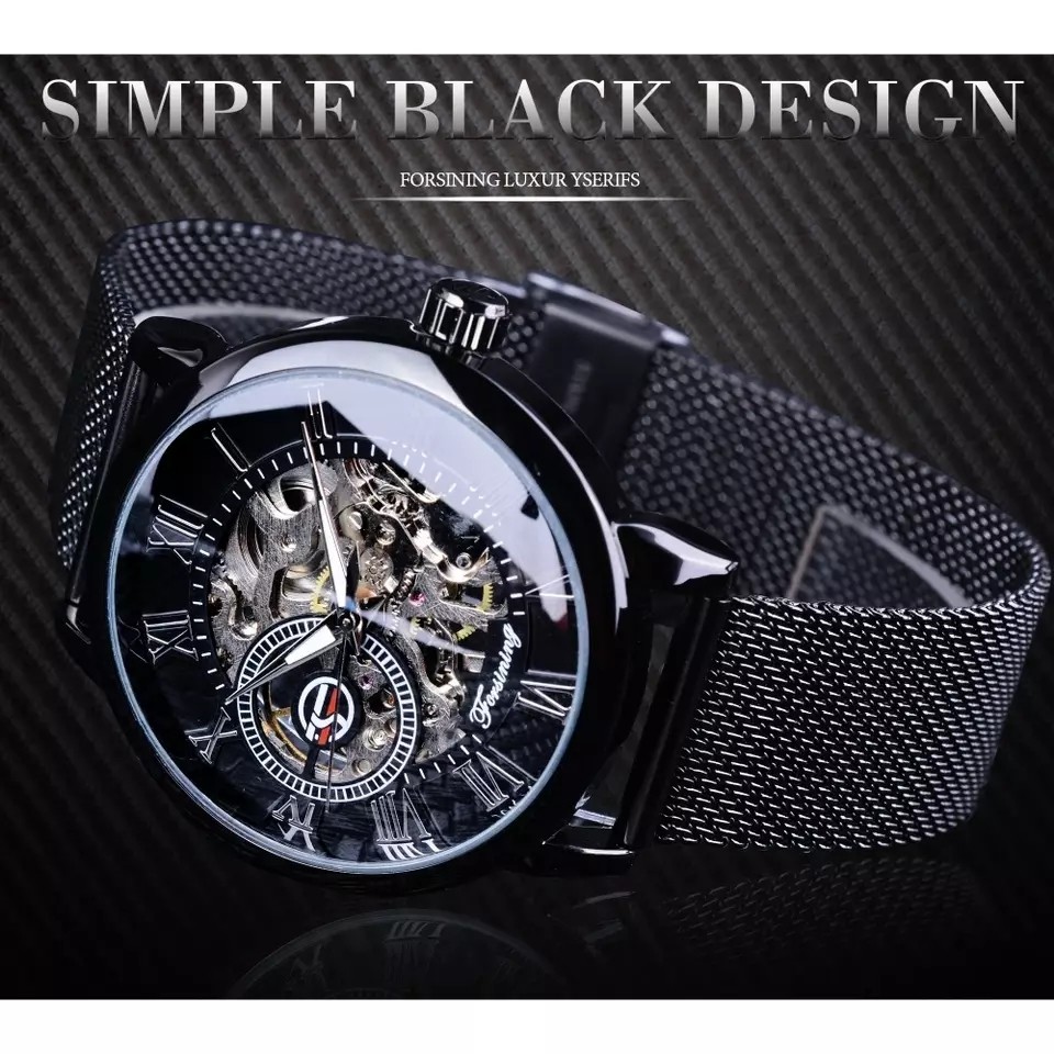 Forsining Retro Fashion Black Skeleton Sport Clock Mechanical Watch Luminous Hands Mesh Bracelet For Men Top Brand Luxury Watch