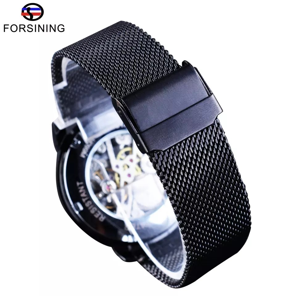 Forsining Retro Fashion Black Skeleton Sport Clock Mechanical Watch Luminous Hands Mesh Bracelet For Men Top Brand Luxury Watch