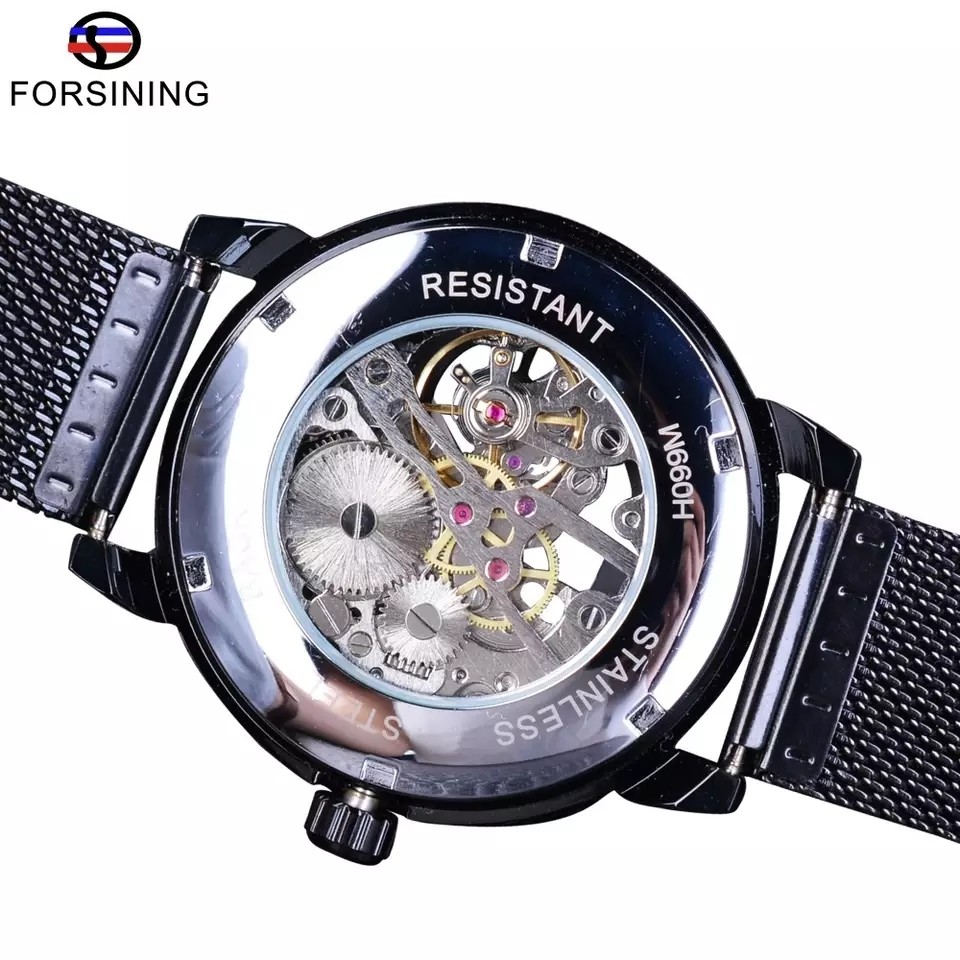 Forsining Retro Fashion Black Skeleton Sport Clock Mechanical Watch Luminous Hands Mesh Bracelet For Men Top Brand Luxury Watch