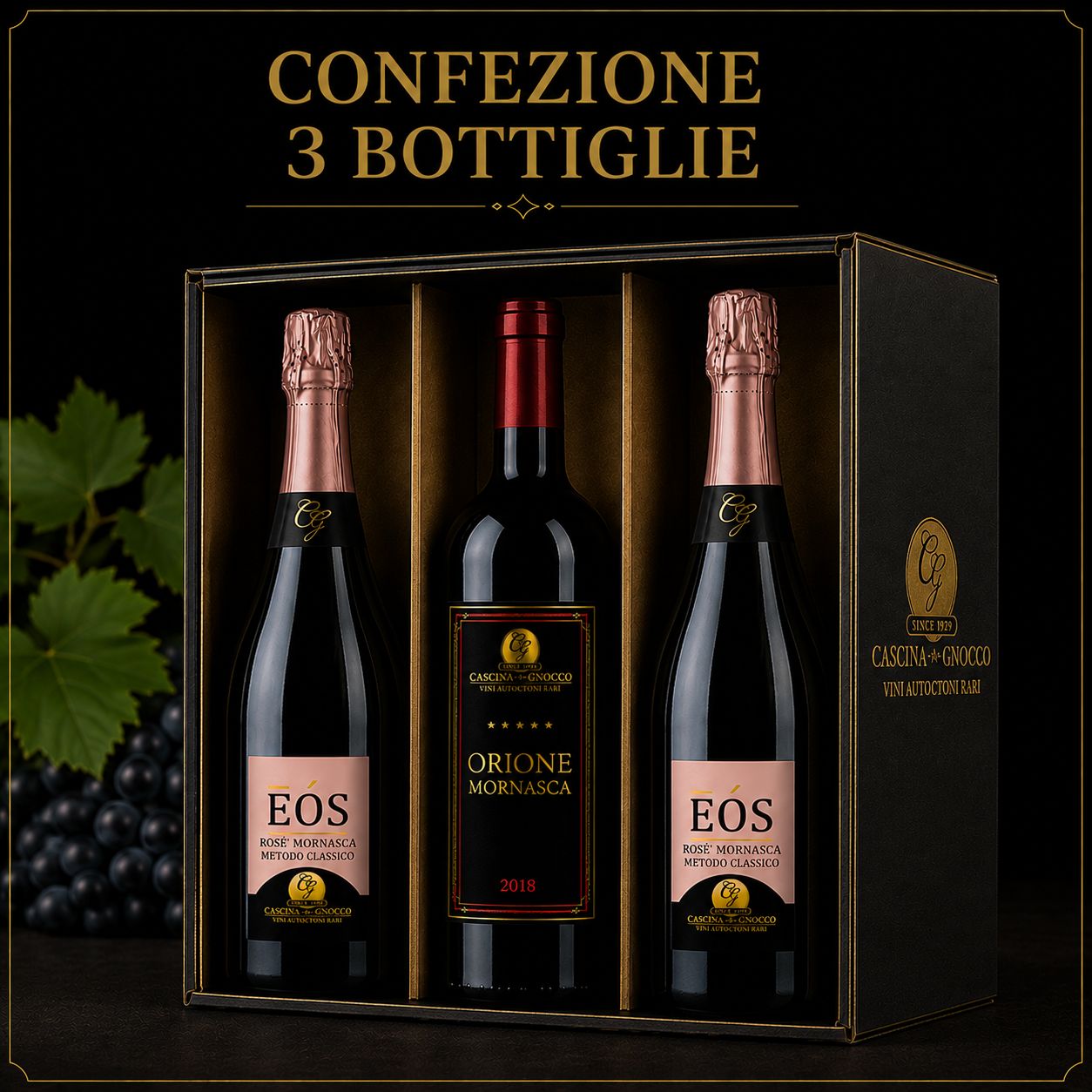 Confezione da 3 Bottiglie composta da 2 bottiglie di Confezione da 3 Bottiglie composta da 2 bottiglie di "EOS" Mornasca 2012 e 1 bottiglia di "Orione" Mornasca 2018