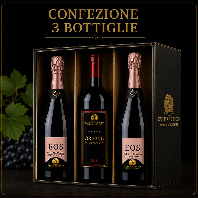 Confezione da 3 Bottiglie composta da 2 bottiglie di Confezione da 3 Bottiglie composta da 2 bottiglie di "EOS" Mornasca 2012 e 1 bottiglia di "Orione" Mornasca 2018