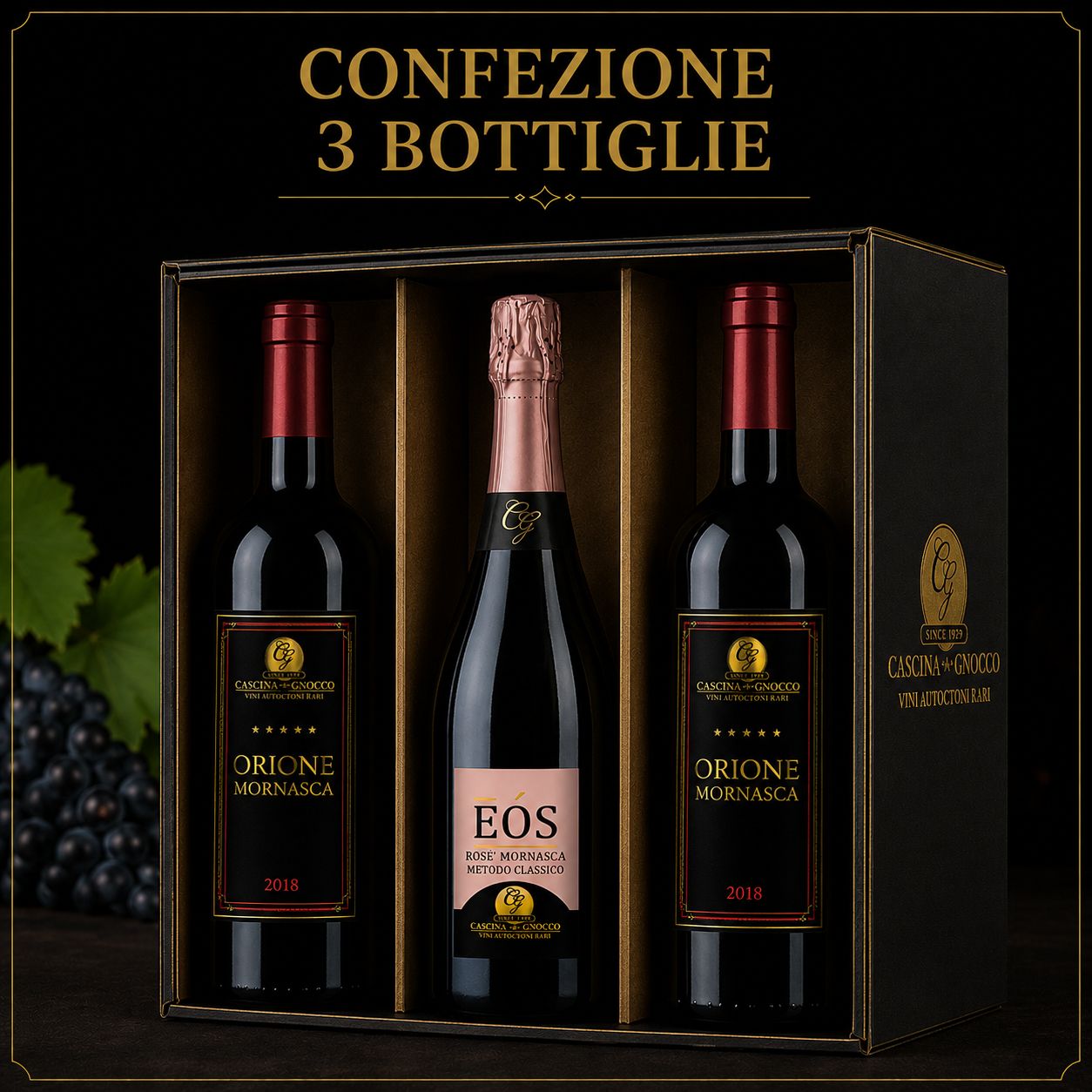 Confezione da 3 Bottiglie composta da 2 bottiglie di Confezione da 3 Bottiglie composta da 2 bottiglie di "Orione" Mornasca 2018 e 1 bottiglia di "EOS" Mornasca 2012
