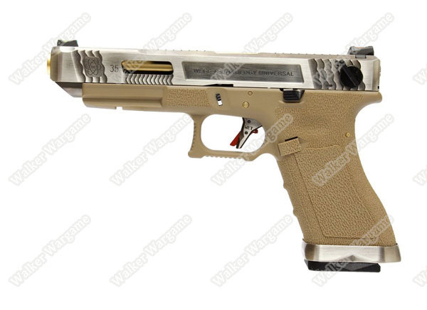 WE Special Custom G35 Full Auto GBB Pistol Transformers Type (Silver Slide, Tan Frame, Gold Barrel)