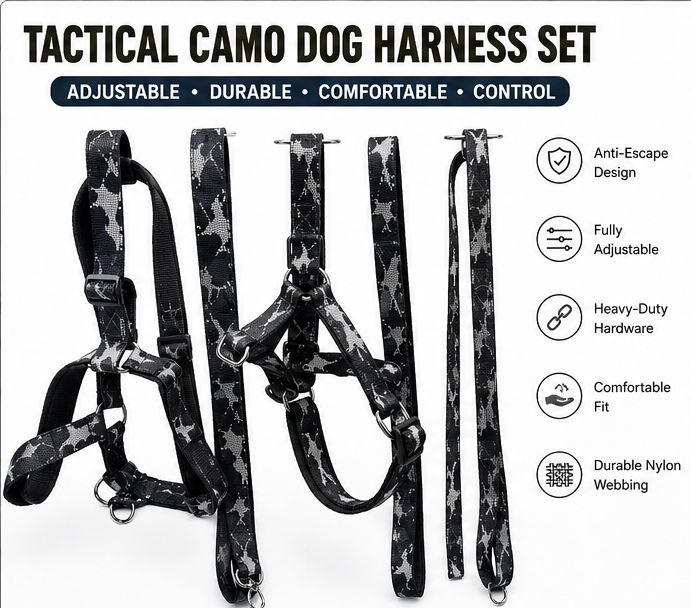 Utility Step-In Dog Harness with Leash – Black Camo